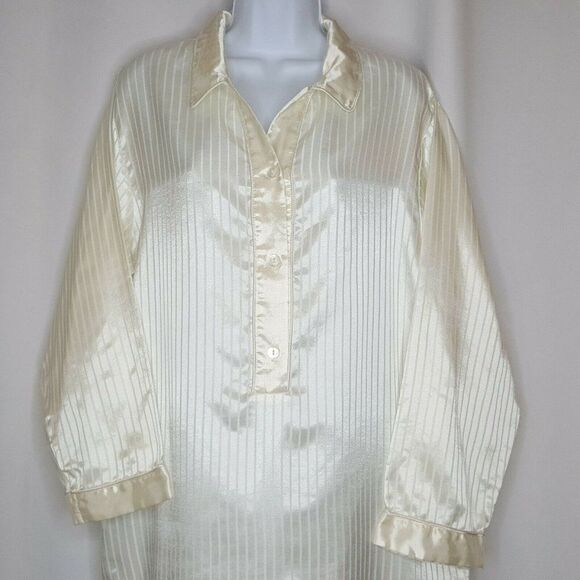 Womens Long Night Shirt Satin Stripe White S Night Gown Collar La Vie en Rose - Picture 1 of 8